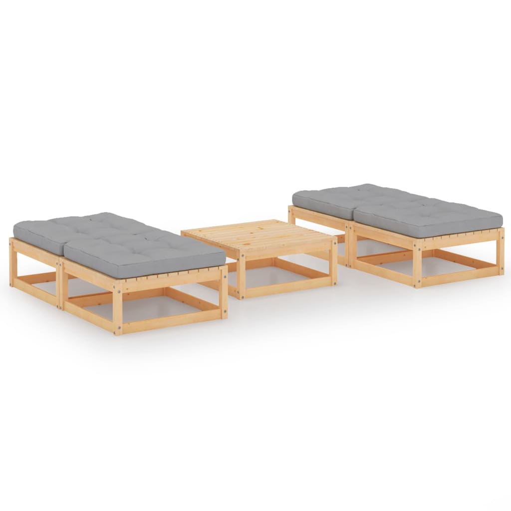 Set mobilier gradina 5 piese 2 bancute cu masuta cafea, vidaXL, Lemn masiv de pin, Maro/Perne gri