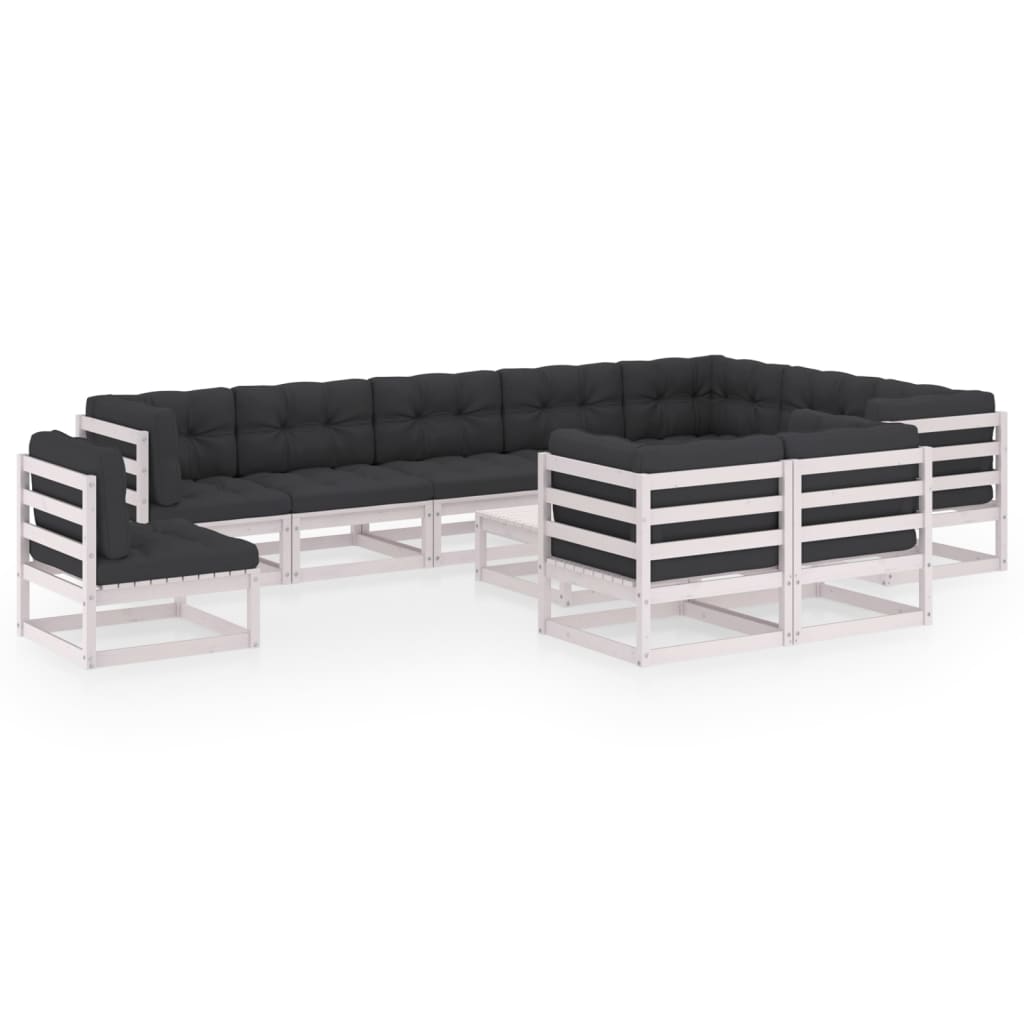 Set mobilier gradina 11 piese canapele cu perne, fotoliu si masuta taburet, vidaXL, Lemn masiv de pin-Poliester, Alb-perne antracit