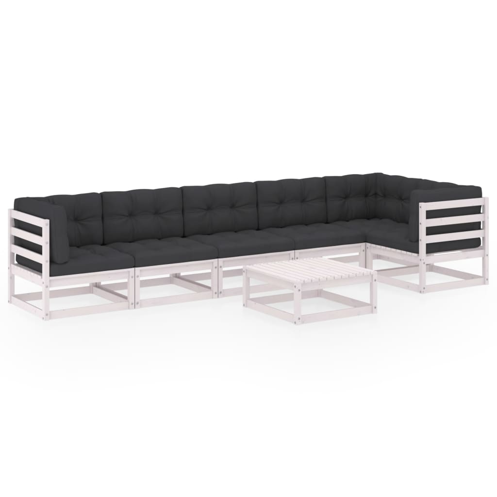 Set mobilier gradina 7 piese canapea in L cu spatar si cu perne, si masuta taburet, vidaXL, Lemn masiv de pin, Alb-perne antracit