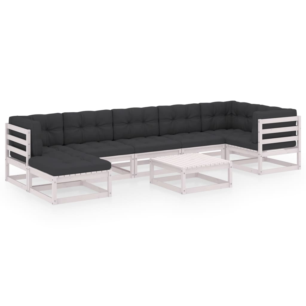Set mobilier gradina 8 piese canapea in U cu spatar si cu perne, cu masuta-taburet vidaXL, Lemn masiv de pin, Alb- perne antracit