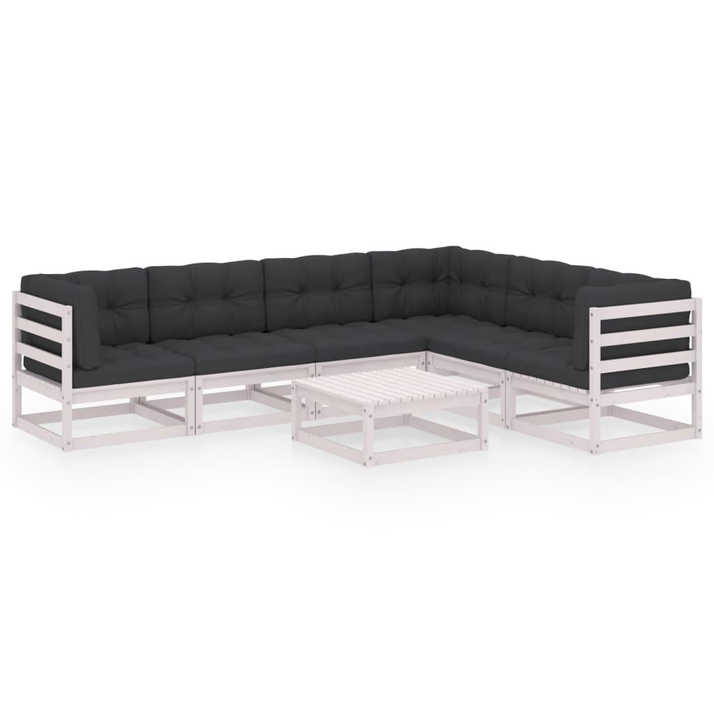 Set mobilier gradina 7 piese canapea cu spatar, perne si masuta taburet, vidaXL, Lemn masiv de pin-Poliester, Alb-perne antracit