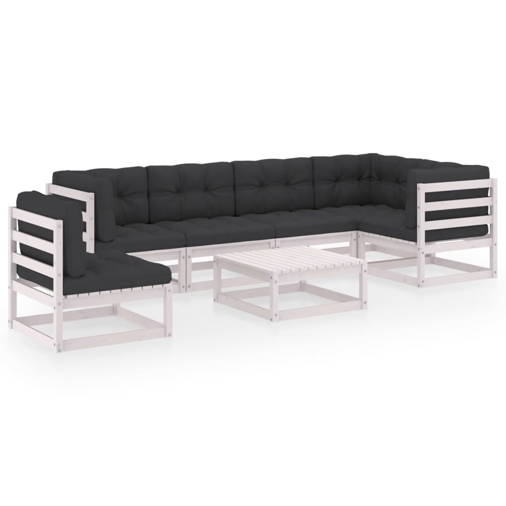 Set mobilier gradina 7 piese canapea in L cu spatar si cu perne, fotoliu si masuta, vidaXL, Lemn masiv de pin, Alb- perne antracit