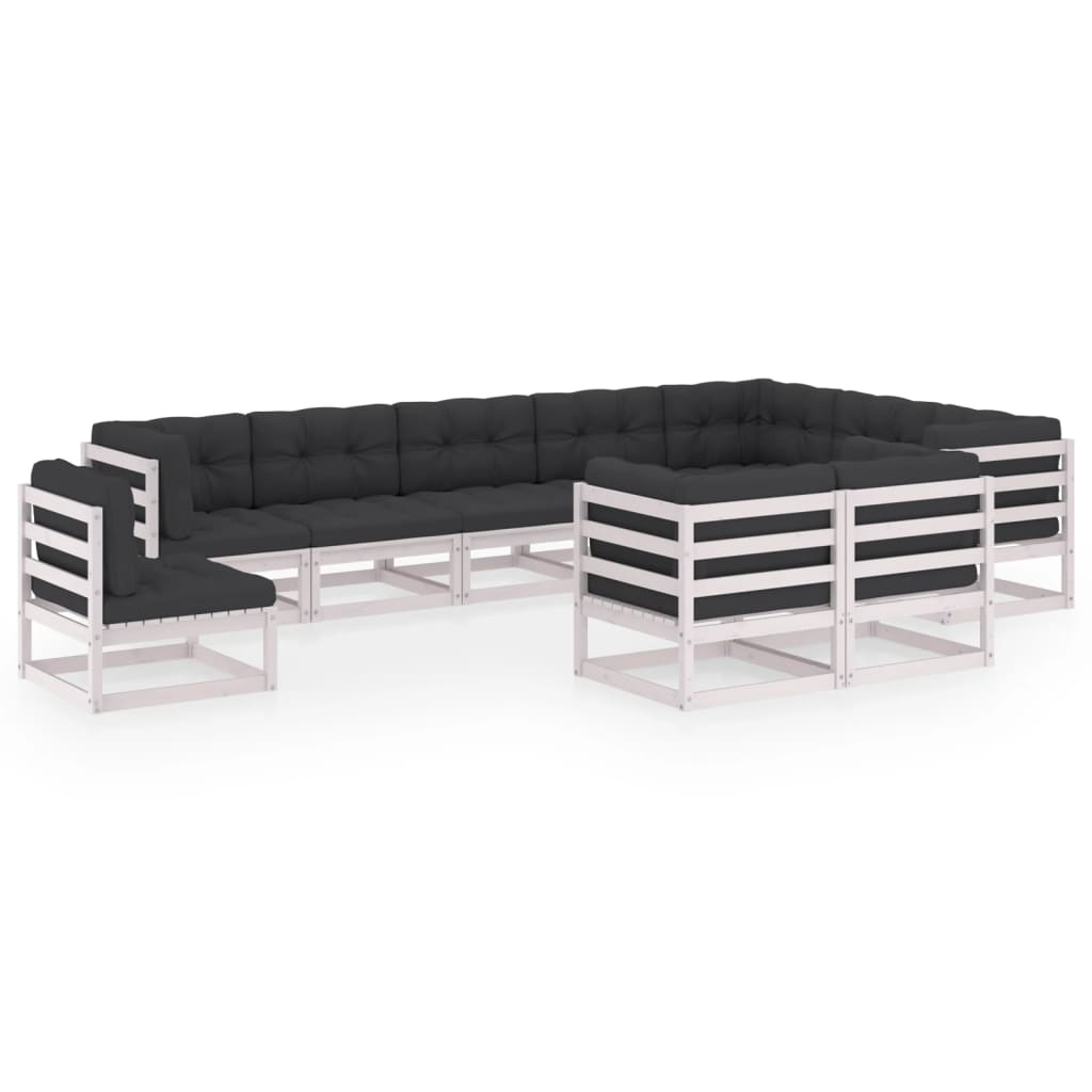 Set mobilier gradina 10 piese canapele cu perne, fotoliu si masuta taburet, vidaXL, Lemn masiv de pin-Poliester, Alb-perne antracit