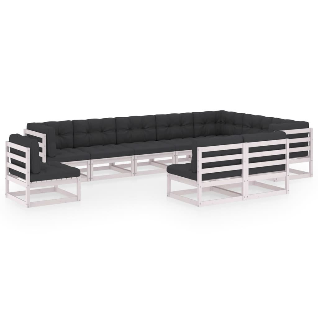 Set mobilier gradina 10 piese canapele cu spatar, perne, fotoliu si masuta taburet, vidaXL, Lemn masiv de pin-Poliester, Alb-perne antracit