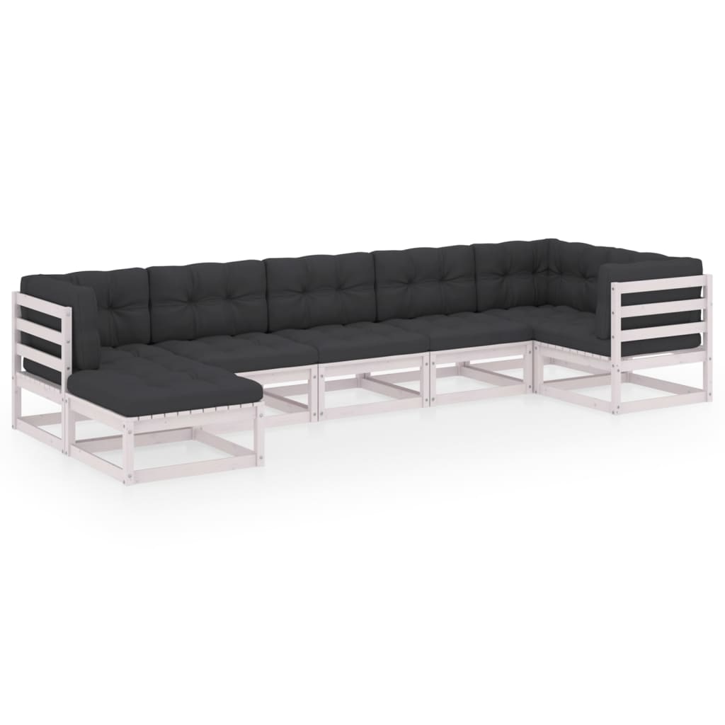 Set mobilier gradina 7 piese canapea in U cu spatar si cu perne, vidaXL, Lemn masiv de pin, Alb- perne antracit