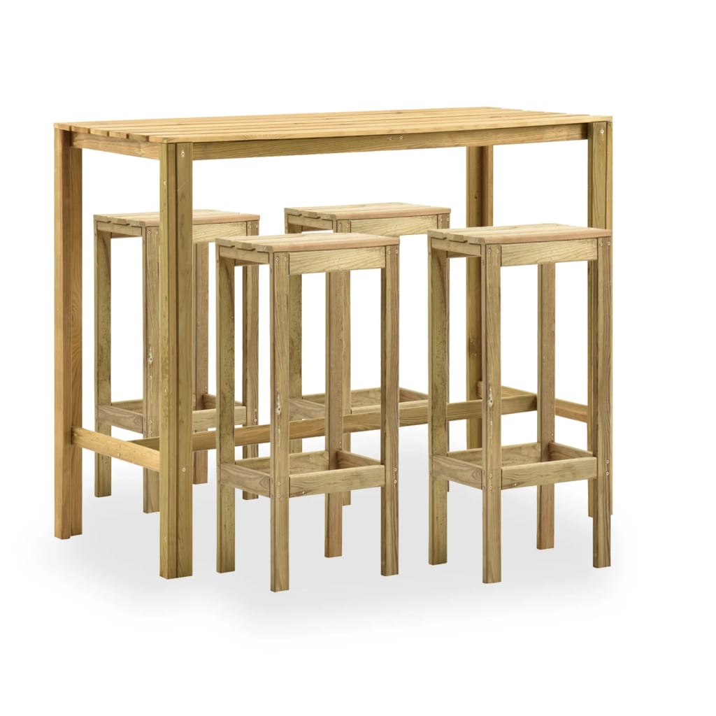 Set mobilier bar de gradina 5 piese masa cu scaune, vidaXL, Lemn de pin verde tratat, 140 x 60 x 110 cm, Maro