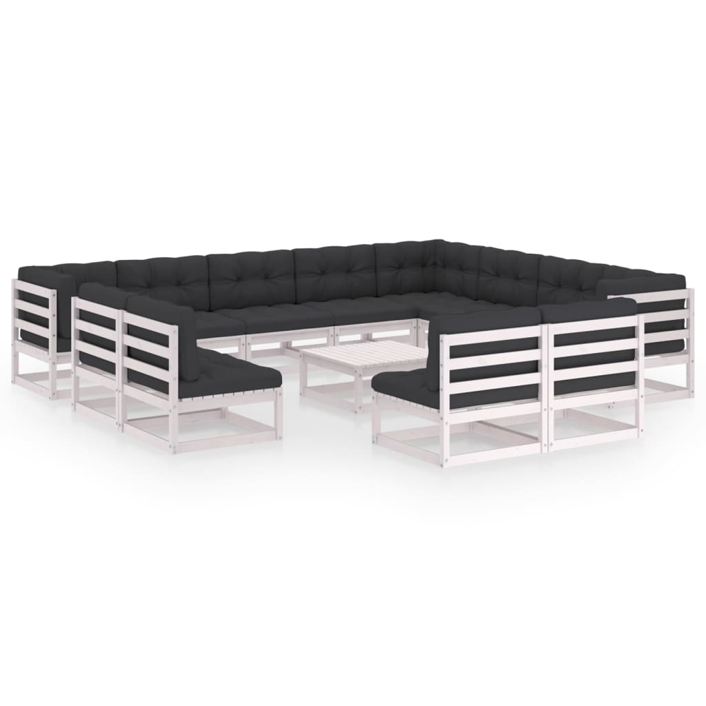 Set mobilier gradina 13 piese canapele cu masuta si perne, vidaXL, Lemn masiv de pin-Poliester, Alb-perne antracit