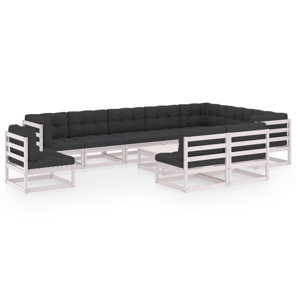 Set mobilier gradina 11 piese canapele cu spatar, perne, fotoliu si masuta taburet, vidaXL, Lemn masiv de pin-Poliester, Alb-perne antracit