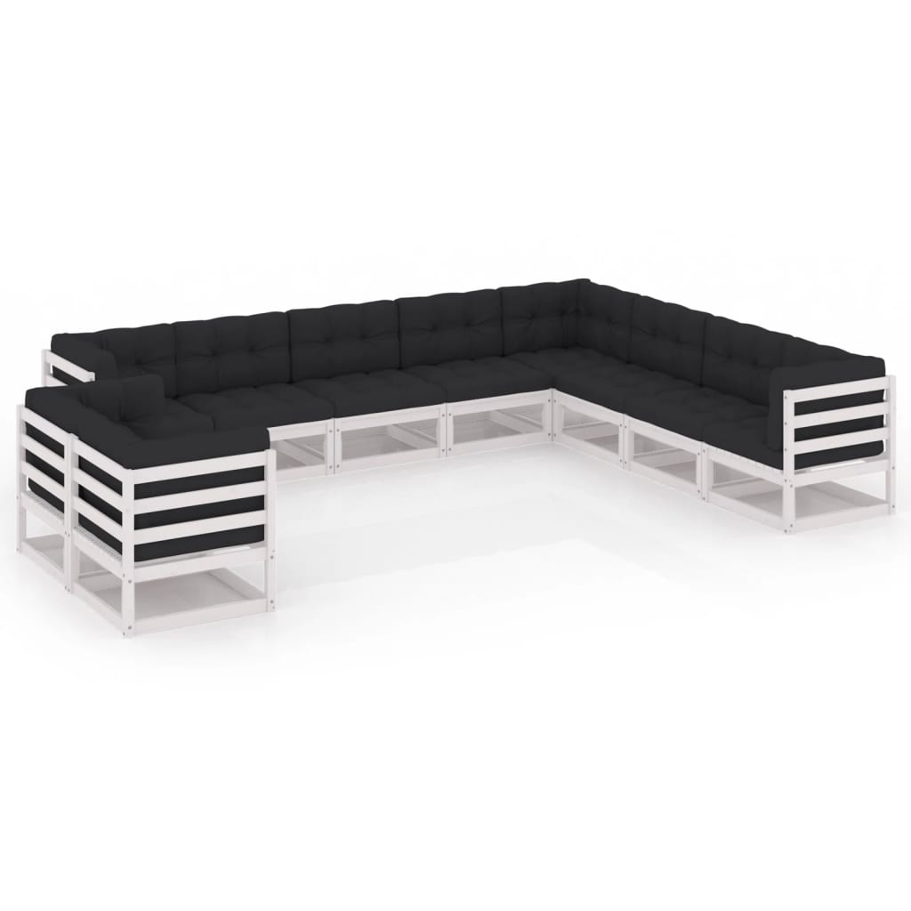 Set mobilier gradina 10 piese canapele cu perne, vidaXL, Lemn masiv pin-Poliester, Alb-perne antracit