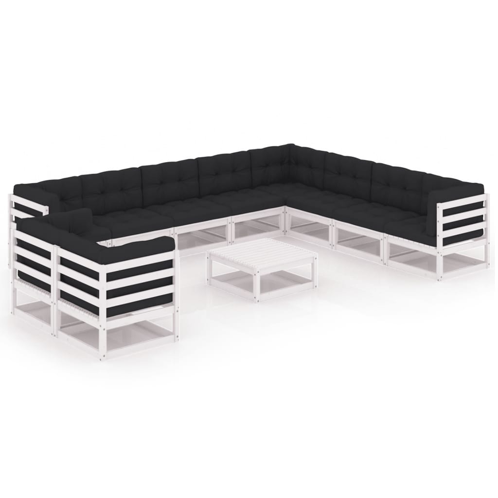 Set mobilier gradina 11 piese canapele cu masuta si perne, vidaXL, Lemn masiv pin-Poliester, Alb-perne antracit