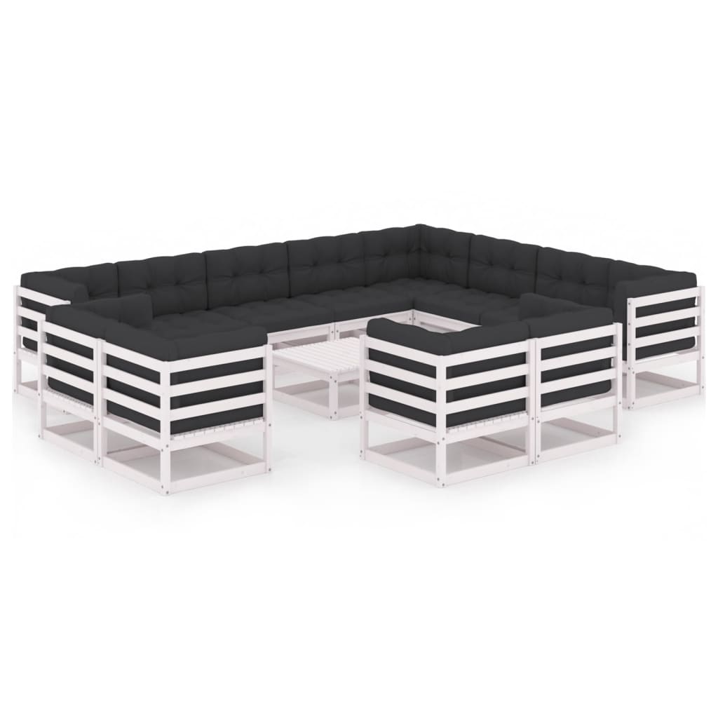 Set mobilier gradina 13 piese canapele cu masuta si perne, vidaXL, Lemn masiv pin-Poliester, Alb-perne antracit