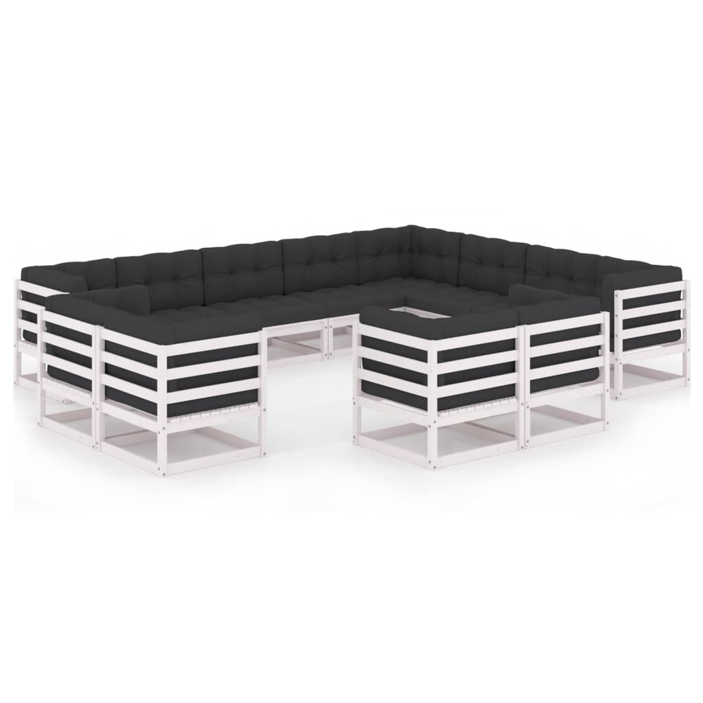 Set mobilier gradina 12 piese canapele cu perne, vidaXL, Lemn masiv pin-Poliester, Alb-perne antracit