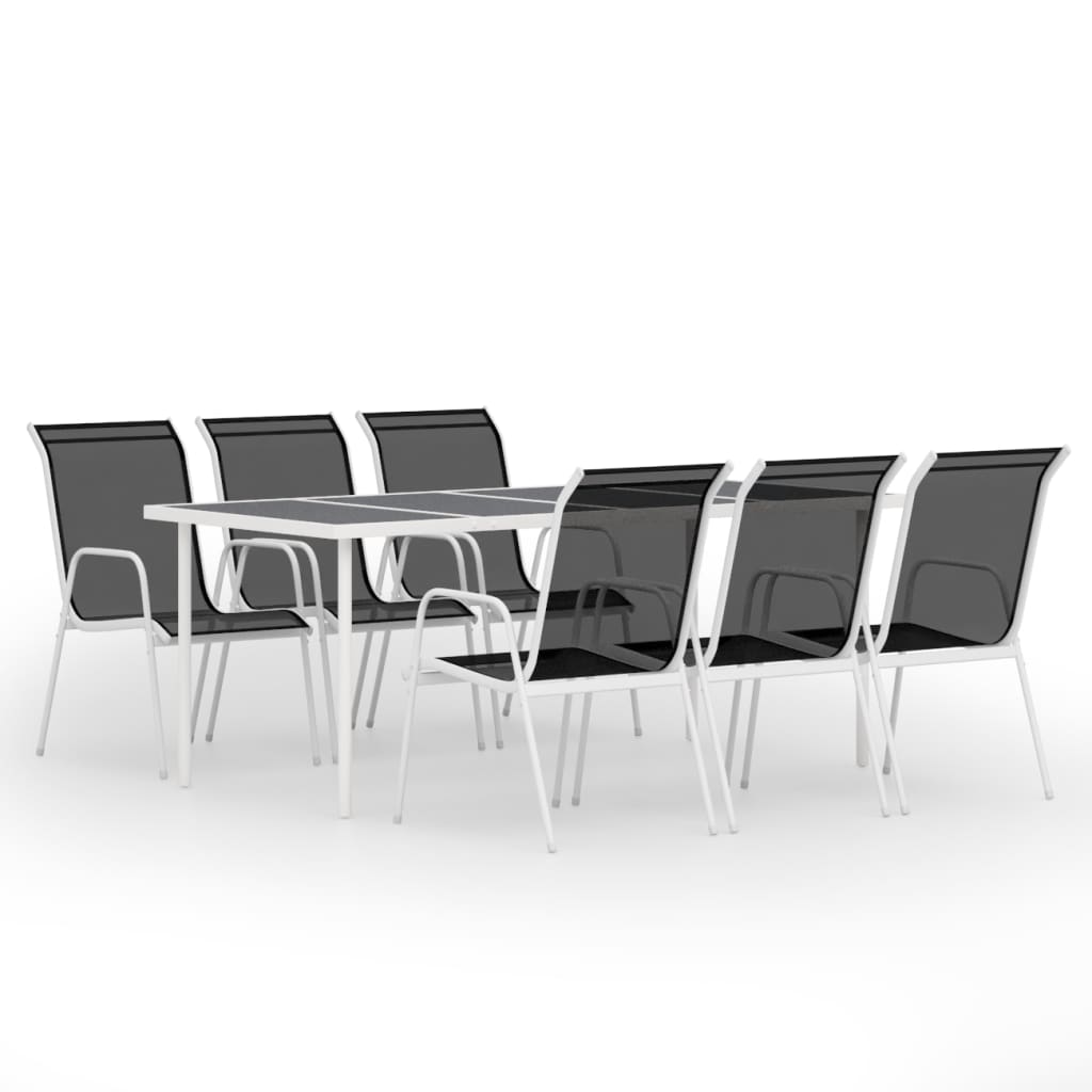 Set mobilier de exterior 7 piese masa cu scaune, vidaXL, Otel-sticla, 150 x 90 x 74 cm, Negru/Gri