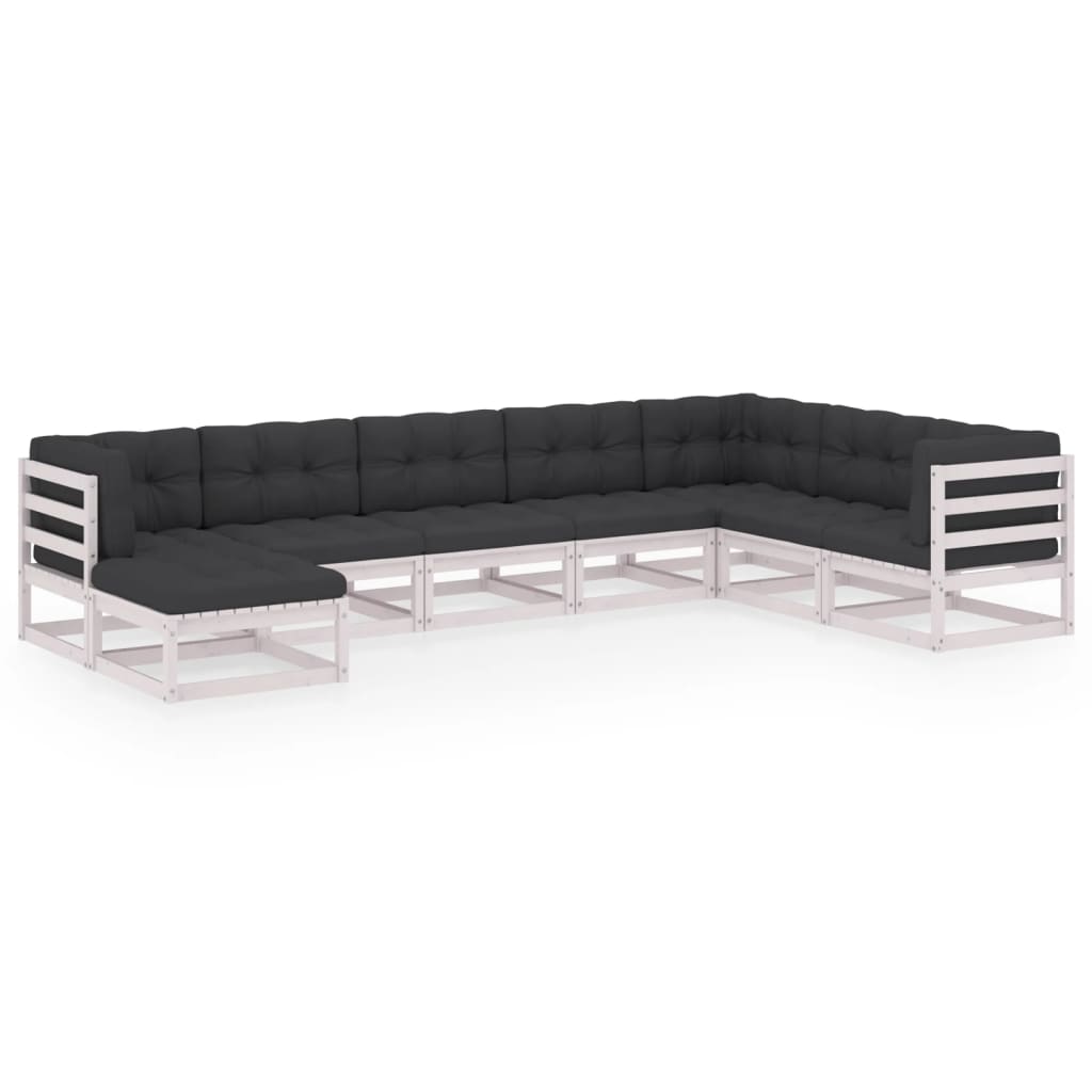Set mobilier gradina 8 piese canapea cu spatar si cu perne vidaXL, Lemn masiv de pin, Alb- perne antracit