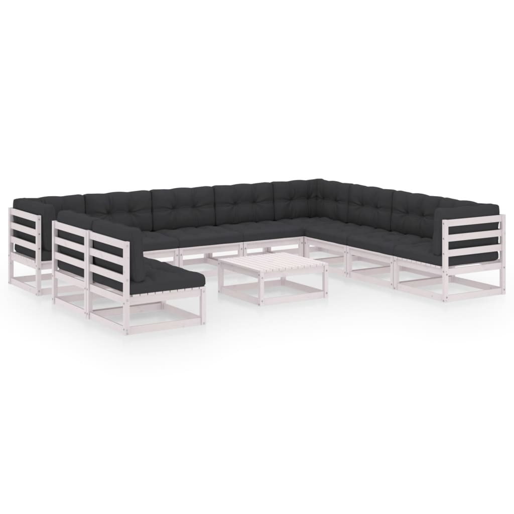 Set mobilier gradina 11 piese canapele cu masuta si perne, vidaXL, Lemn masiv de pin-Poliester, Alb-perne antracit
