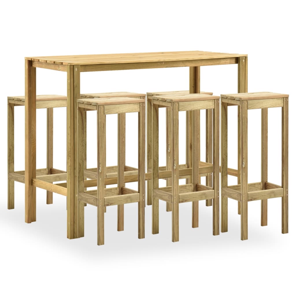 Set mobilier bar de gradina 7 piese masa cu scaune, vidaXL, Lemn de pin verde tratat, 140 x 60 x 110 cm, Maro
