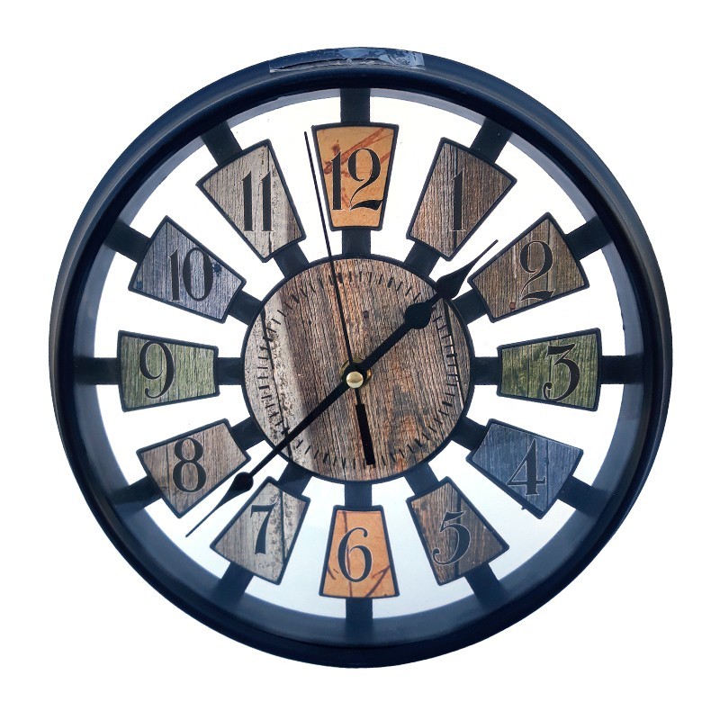 Ceas din plastic, de perete, in forma de roata, cu aspect vintage, 25 x 25 cm