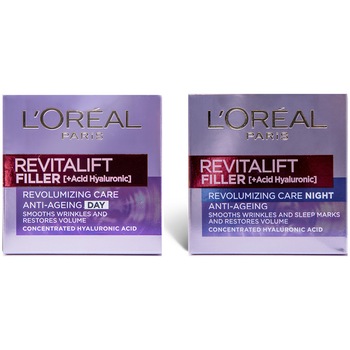 Set cadou L'Oreal Paris Revitalift Filler: Crema de zi anitirid, 50 ml + Crema de noapte antirid, 50 ml Set cadou L'Oreal Paris Revitalift Filler: Crema de zi anitirid, 50 ml + Crema de noapte antirid, 50 ml
