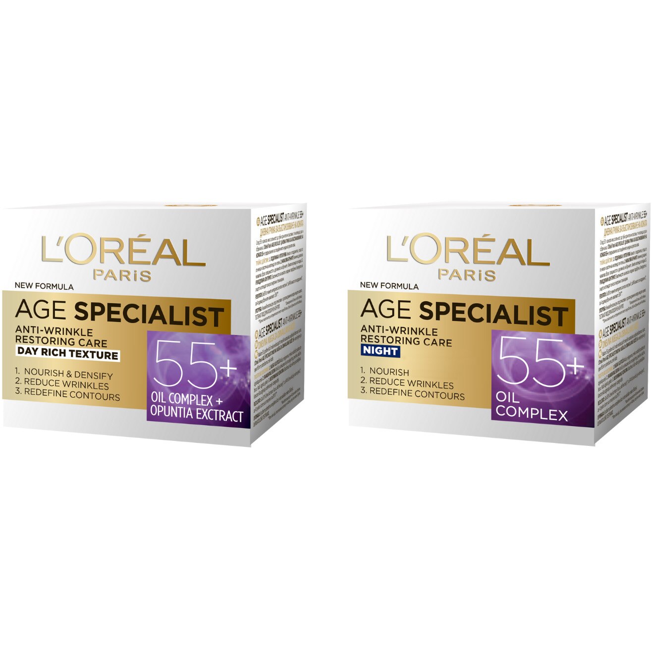 Set cadou L'Oreal Paris Age Specialist 55+: Crema de zi anitirid reparatoare, 50 ml + Crema de noapte antirid, 50 ml