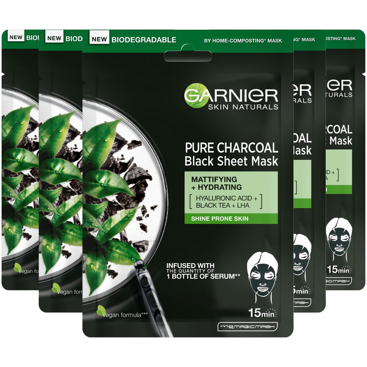 Pachet Promo: Garnier Skin Naturals Masca servetel matifianta Pure Charcoal cu Carbune si extract de Ceai Negru, 28 g x 5 bucati