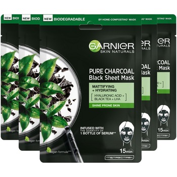 Pachet Promo: Garnier Skin Naturals Masca servetel matifianta Pure Charcoal cu Carbune si extract de Ceai Negru, 28 g x 5 bucati Pachet Promo: Garnier Skin Naturals Masca servetel matifianta Pure Charcoal cu Carbune si extract de Ceai Negru, 28 g x 5 bucati