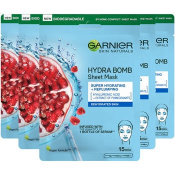 Pachet Promo: Garnier Skin Naturals Masca servetel Hydra Bomb cu extract de Rodie si Acid Hialuronic, 28 g x 5 bucati Pachet Promo: Garnier Skin Naturals Masca servetel Hydra Bomb cu extract de Rodie si Acid Hialuronic, 28 g x 5 bucati