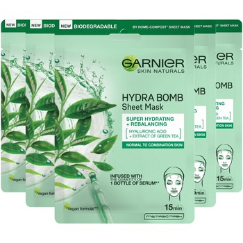 Pachet Promo: Garnier Skin Naturals Masca servetel Hydra Bomb cu extract de Ceai Verde si Acid Hialuronic, 28 g x 5 bucati Pachet Promo: Garnier Skin Naturals Masca servetel Hydra Bomb cu extract de Ceai Verde si Acid Hialuronic, 28 g x 5 bucati