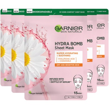 Pachet Promo: Garnier Skin Naturals Masca servetel Hydra Bomb cu extract de Musetel si Acid Hialuronic, 28 g x 5 bucati Pachet Promo: Garnier Skin Naturals Masca servetel Hydra Bomb cu extract de Musetel si Acid Hialuronic, 28 g x 5 bucati