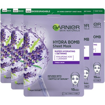 Pachet Promo: Garnier Skin Naturals Masca servetel Hydra Bomb cu extract de Lavanda si Acid Hialuronic, 28 g x 5 bucati Pachet Promo: Garnier Skin Naturals Masca servetel Hydra Bomb cu extract de Lavanda si Acid Hialuronic, 28 g x 5 bucati