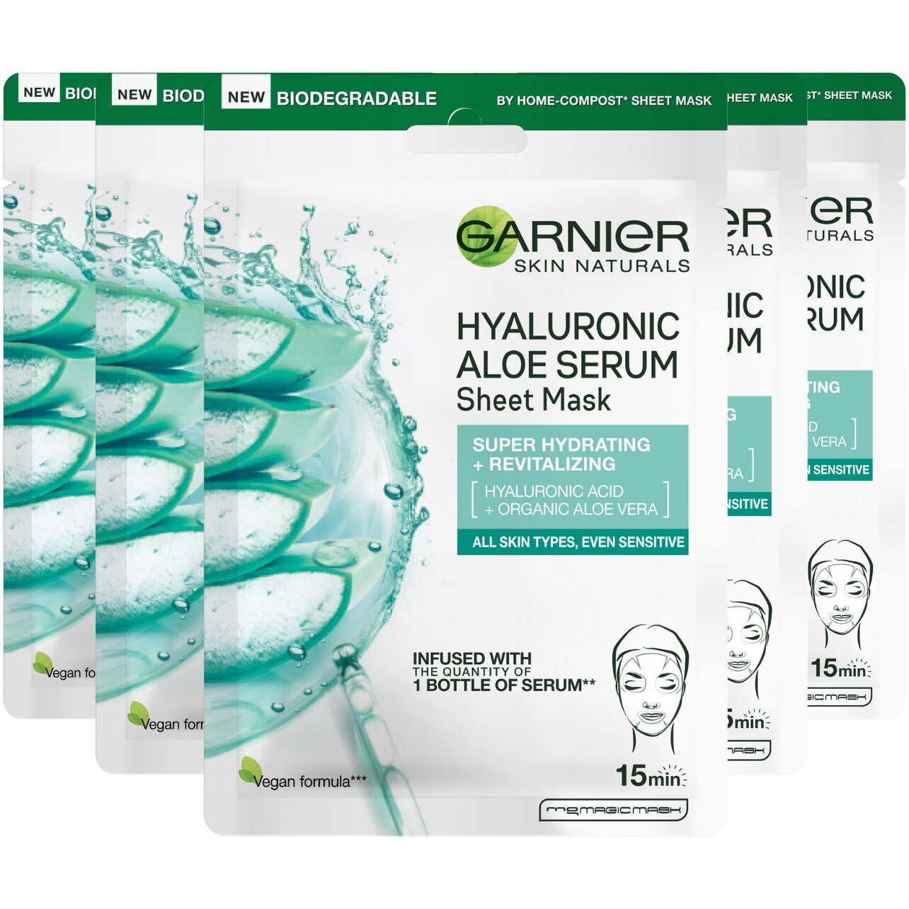 Pachet Promo: Garnier Skin Naturals Masca servetel Hyaluronic Aloe cu Acid Hialuronic si Aloe Vera, 28 g x 5 bucati