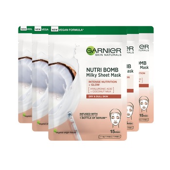 Pachet Promo: Garnier Skin Naturals Masca servetel Nutri Bomb cu Lapte de Cocos si Acid Hialuronic pentru tenul tern si uscat, 28 g x 5 bucati Pachet Promo: Garnier Skin Naturals Masca servetel Nutri Bomb cu Lapte de Cocos si Acid Hialuronic pentru tenul tern si uscat, 28 g x 5 bucati