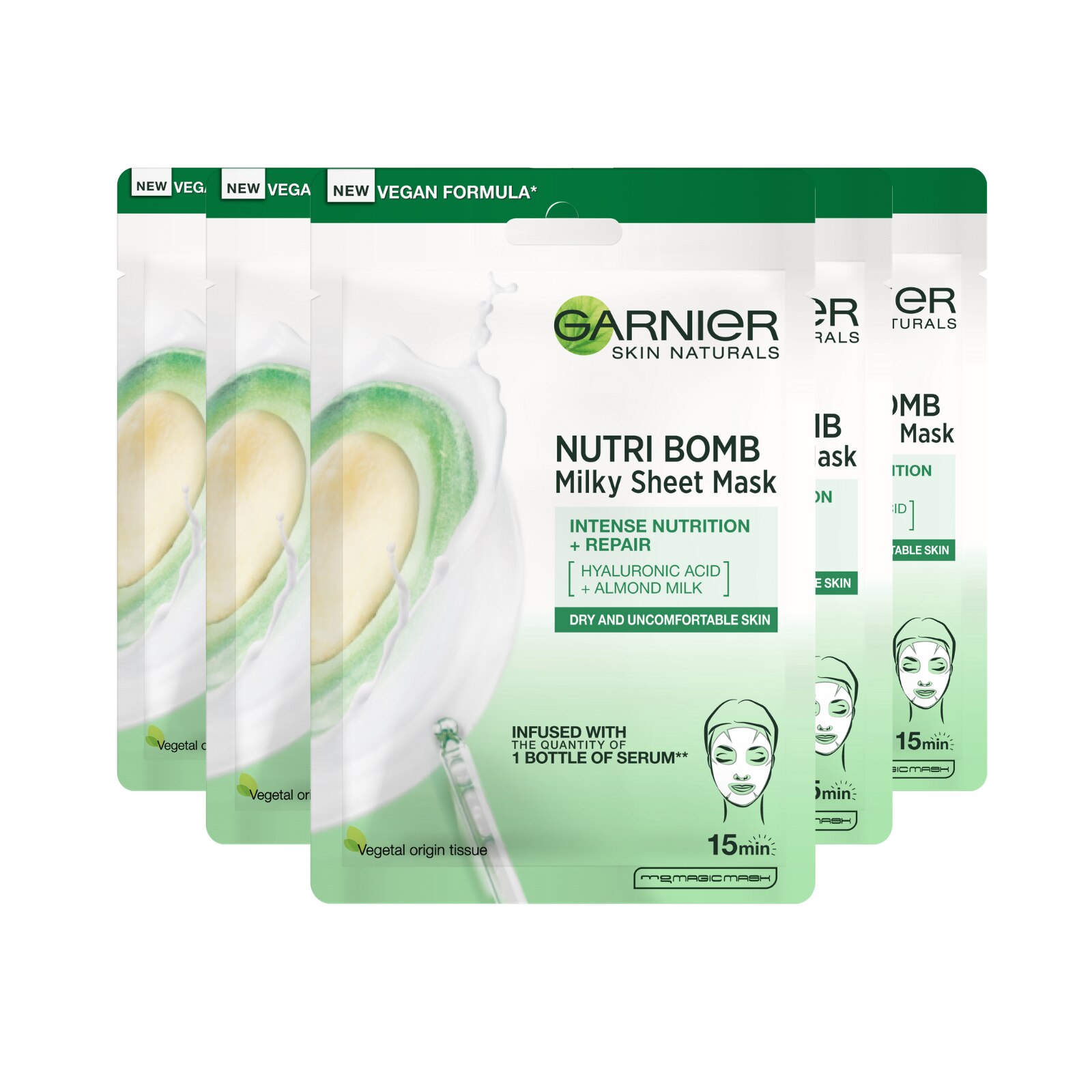Pachet Promo: Garnier Skin Naturals Masca servetel Nutri Bomb cu Lapte de Migdale si Acid Hialuronic pentru ten uscat, 28 g x 5 bucati