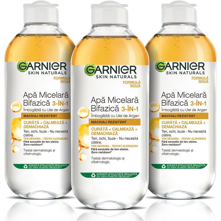 Pachet Garnier: 3 x Apa micelara Skin Naturals bifazica cu ulei de Argan, 400 ml