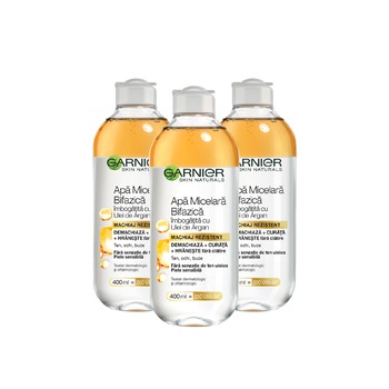 Pachet Promo: Garnier Skin Naturals Apa micelara bifazica imbogatita cu Ulei de Argan, 400 ml x 3 bucati Pachet Promo: Garnier Skin Naturals Apa micelara bifazica imbogatita cu Ulei de Argan, 400 ml x 3 bucati