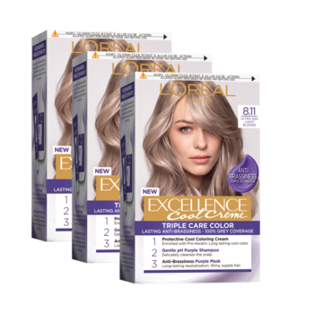 Pachet Promo: Vopsea de par permanenta cu amoniac L'Oreal Paris Excellence Cool Crème 8.11 Light Blonde, 192 ml x 3 bucati Pachet Promo: Vopsea de par permanenta cu amoniac L'Oreal Paris Excellence Cool Crème 8.11 Light Blonde, 192 ml x 3 bucati