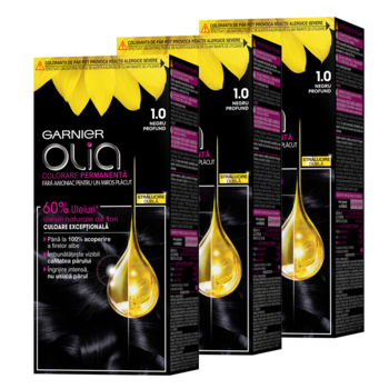 Pachet Promo: Vopsea de par permanenta fara amoniac Garnier Olia 1.0 Negru Profund, 112 ml x 3 bucati Pachet Promo: Vopsea de par permanenta fara amoniac Garnier Olia 1.0 Negru Profund, 112 ml x 3 bucati
