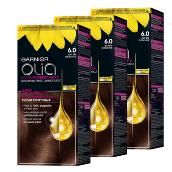 Pachet Promo: Vopsea de par permanenta fara amoniac Garnier Olia 6.0 Saten Deschis, 112 ml x 3 bucati Pachet Promo: Vopsea de par permanenta fara amoniac Garnier Olia 6.0 Saten Deschis, 112 ml x 3 bucati