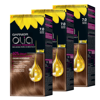 Pachet Promo: Vopsea de par permanenta fara amoniac Garnier Olia 7.0 Blond Inchis, 112 ml x 3 bucati Pachet Promo: Vopsea de par permanenta fara amoniac Garnier Olia 7.0 Blond Inchis, 112 ml x 3 bucati