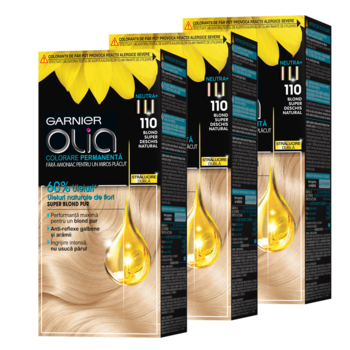 Pachet Promo: Vopsea de par permanenta fara amoniac Garnier Olia 110 Blond Natural, 112 ml x 3 bucati Pachet Promo: Vopsea de par permanenta fara amoniac Garnier Olia 110 Blond Natural, 112 ml x 3 bucati