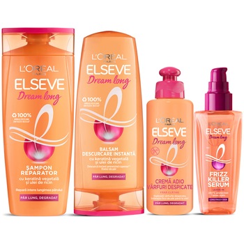 Set Cadou Elseve Dream Long: Sampon reparator pentru par lung, deteriorat, 250 ml + Balsam descurcare instanta pentru par lung, 200 ml + Crema de par Adio Varfuri Despicate, 200 ml + Ser cu protectie termica pentru par lung, 100 ml Set Cadou Elseve Dream Long: Sampon reparator pentru par lung, deteriorat, 250 ml + Balsam descurcare instanta pentru par lung, 200 ml + Crema de par Adio Varfuri Despicate, 200 ml + Ser cu protectie termica pentru par lung, 100 ml