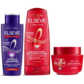 Set Cadou Elseve Color Vive: Sampon Purple pentru par blond gri, 200 ml + Balsam pentru par vopsit, 400 ml + Masca pentru par vopsit, 300 ml Set Cadou Elseve Color Vive: Sampon Purple pentru par blond gri, 200 ml + Balsam pentru par vopsit, 400 ml + Masca pentru par vopsit, 300 ml