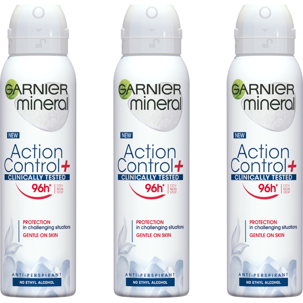 Pachet Promo: Garnier Mineral Deodorant Spray pentru femei Action Control Clinically Tested 96h, 150 ml x 3 bucati