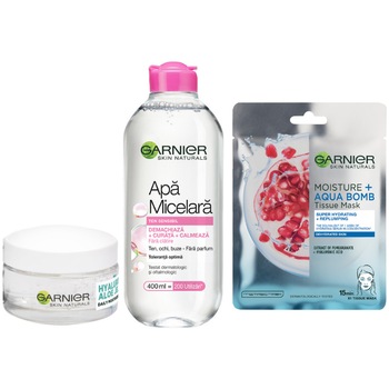 Set Cadou Garnier Skin Naturals: Gel hidratant cu acid hialuronic si aloe vera, 50 ml + Apa micelara ten sensibil, 400 ml + Masca servetel Hydra Bomb cu extract de Rodie, 28g Set Cadou Garnier Skin Naturals: Gel hidratant cu acid hialuronic si aloe vera, 50 ml + Apa micelara ten sensibil, 400 ml + Masca servetel Hydra Bomb cu extract de Rodie, 28g