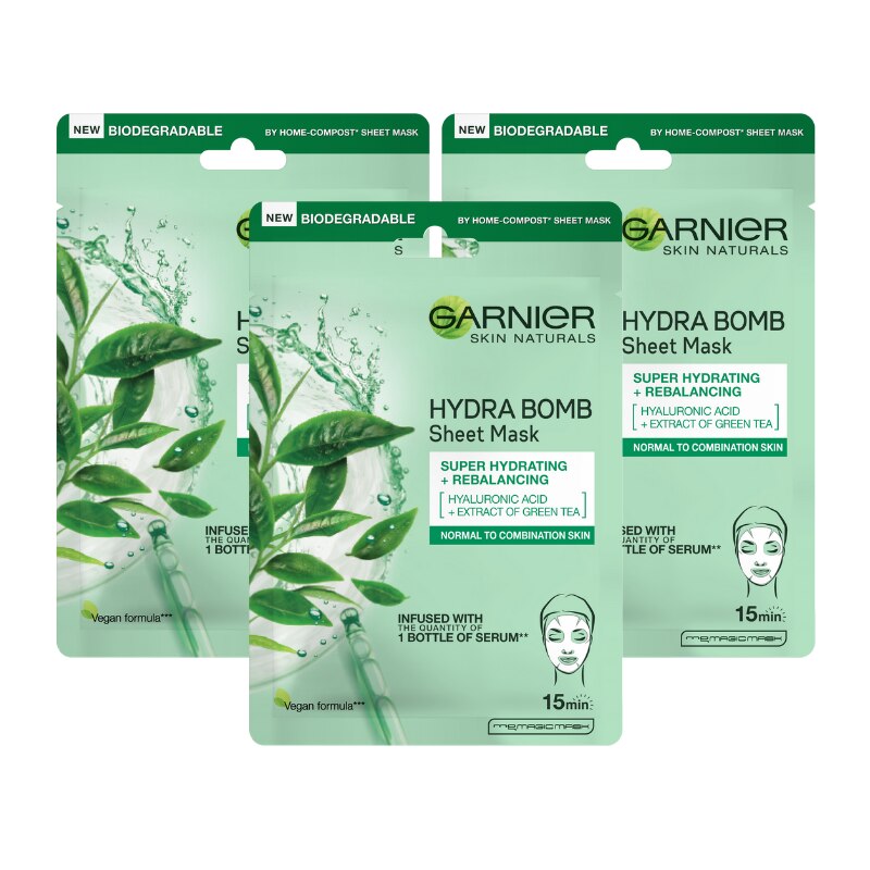 Pachet Promo: Masca servetel Hydrabomb cu Ceai Verde, 28 g x 3 bucati