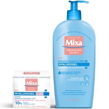 Set Cadou: Crema intens hidratanta 24H Mixa Hyalurogel Rich pentru pielea sensibila uscata si foarte uscata, 50 ml + Lapte de corp intens hidratant Mixa Hyalurogel, 400 ml Set Cadou: Crema intens hidratanta 24H Mixa Hyalurogel Rich pentru pielea sensibila uscata si foarte uscata, 50 ml + Lapte de corp intens hidratant Mixa Hyalurogel, 400 ml