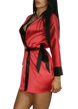Halat din satin cu detalii contrastante Yvanna Provocative, Rosu/Negru Halat din satin cu detalii contrastante Yvanna Provocative, Rosu/Negru