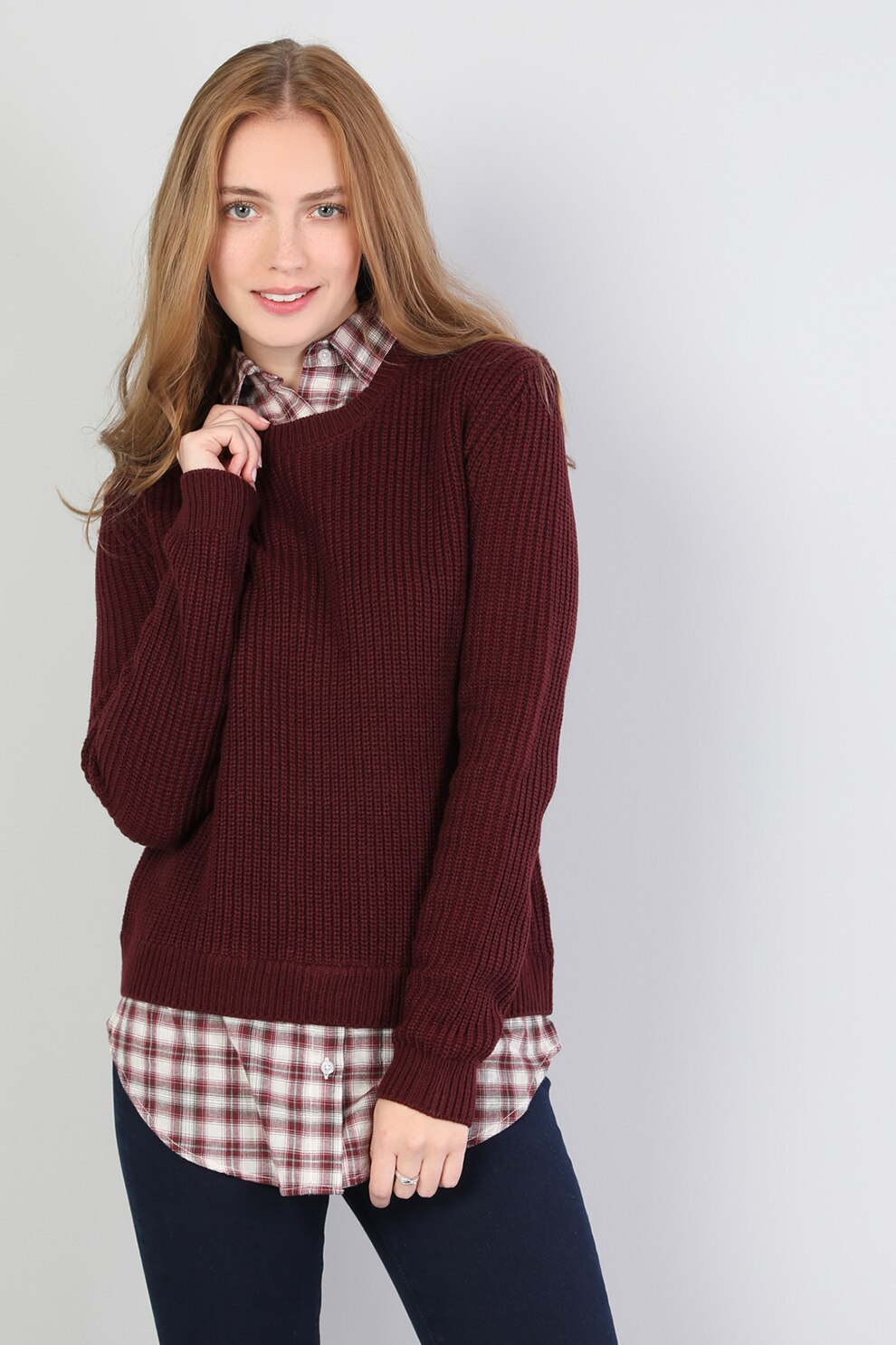 COLIN'S, Pulover cu decolteu la baza gatului si terminatii striate, Visiniu