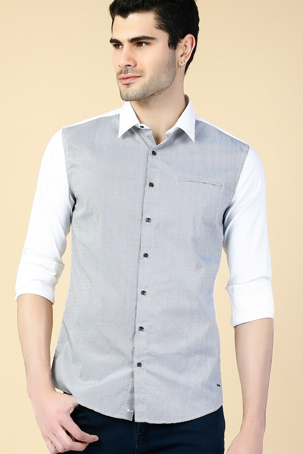 COLIN'S, Camasa slim fit de bumbac cu mode in carouri, Alb/Gri, S