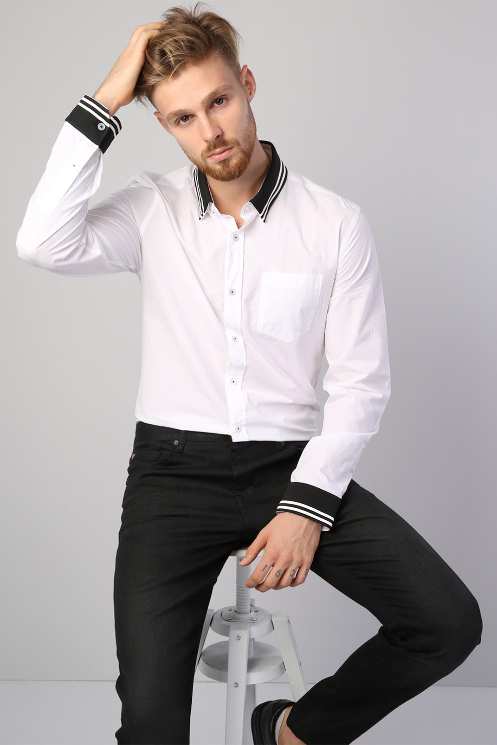 COLIN'S, Camasa slim-fit cu guler si mansete contrastante, Alb optic/Negru, S