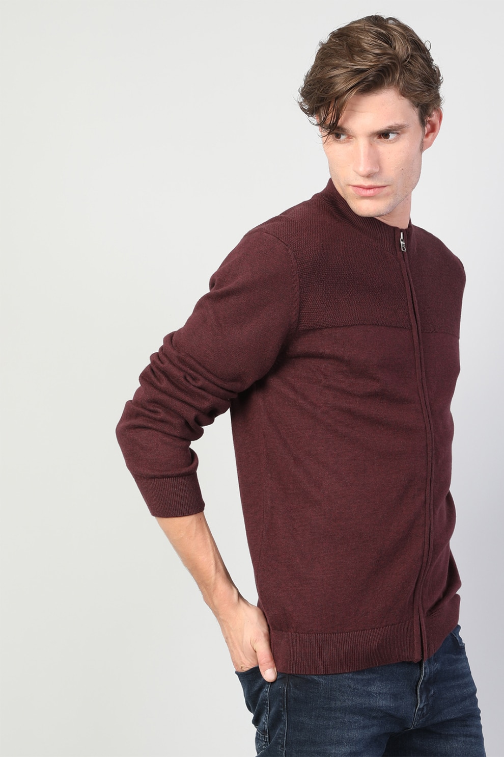 COLIN'S, Cardigan regular fit tricotat fin cu fermoar, Visiniu, XS